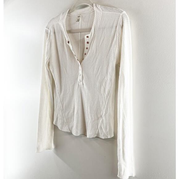 Free People One Of The Girls Long Sleeve Waffle Henley Top White Large - Picture 5 of 6